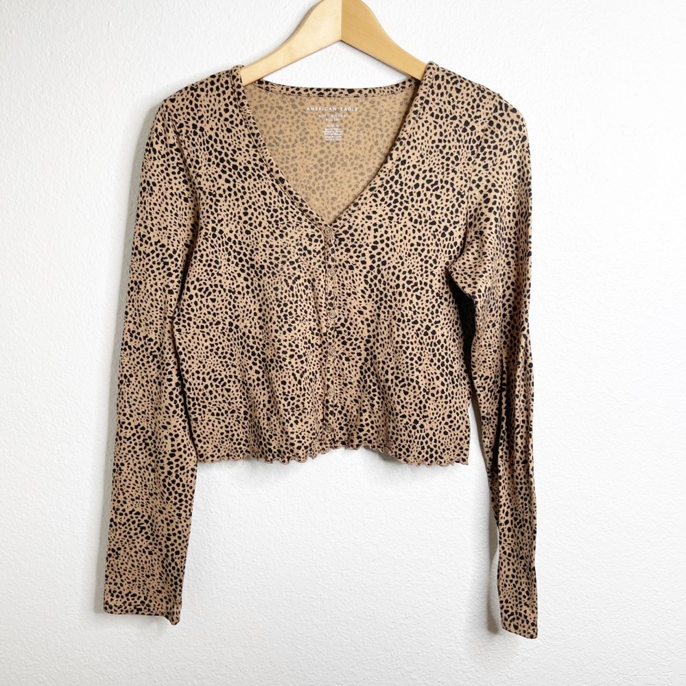 American Eagle Womens Cheetah Print Plush Cropped Cardigan V-Neck Tan Black M